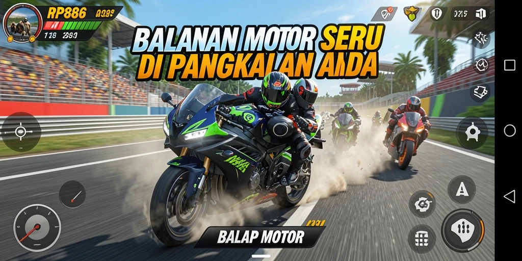 Antarmuka grafik RP886 yang menampilkan balapan motor yang intens.